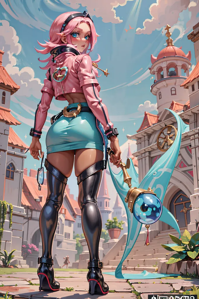 The image shows a young woman standing in a European-style town. She is wearing a revealing outfit consisting of a pink jacket, a blue miniskirt, and black boots. She also has a pair of goggles around her neck. The woman is holding a large staff in her right hand. The staff is topped with a large blue orb. The woman has pink hair and blue eyes. She is also wearing a pair of earrings. The background of the image is a town with a clock tower. The sky is blue and there are some clouds in the distance.