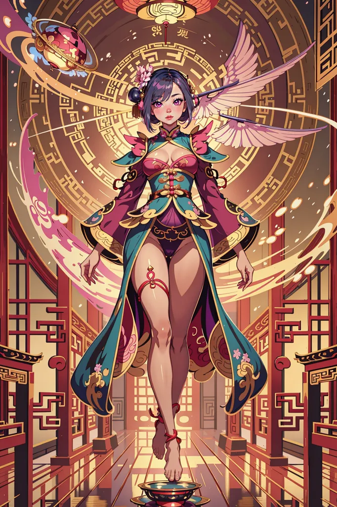 The image is of a beautiful young woman with long purple hair and purple eyes. She is wearing a revealing Chinese-style dress with a pink and green bodice and a long purple skirt with a slit up one leg. She is also wearing a pair of purple wings and a red necklace. She is standing in a courtyard with a red floor and a white wall with intricate designs. There is a round window in the wall behind her. The woman is looking at the viewer with a confident expression.