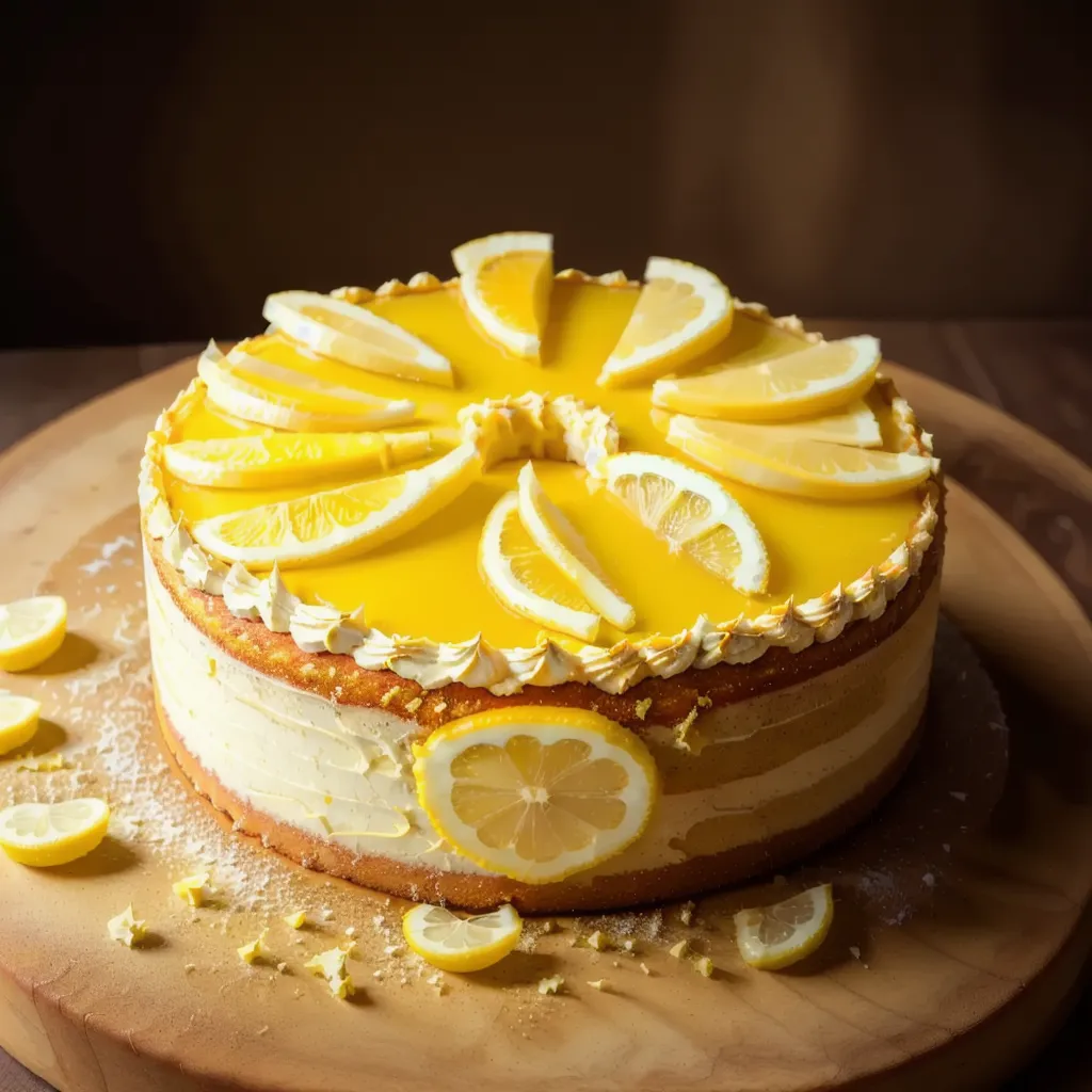 The image shows a lemon cake on a wooden board. The cake is covered in lemon slices and has a thick layer of lemon curd on top. The cake is decorated with whipped cream and lemon zest. There are also lemon slices scattered around the board. The background is a dark brown wood table.