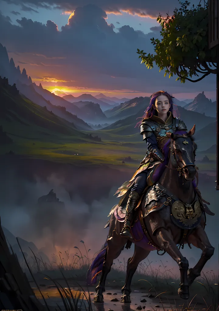 The image is of a woman riding a horse. The woman is wearing purple and gold armor and has long purple hair. The horse is brown and has a black mane and tail. The woman is riding in a field with a large tree in the background. The sky is orange and the sun is setting.