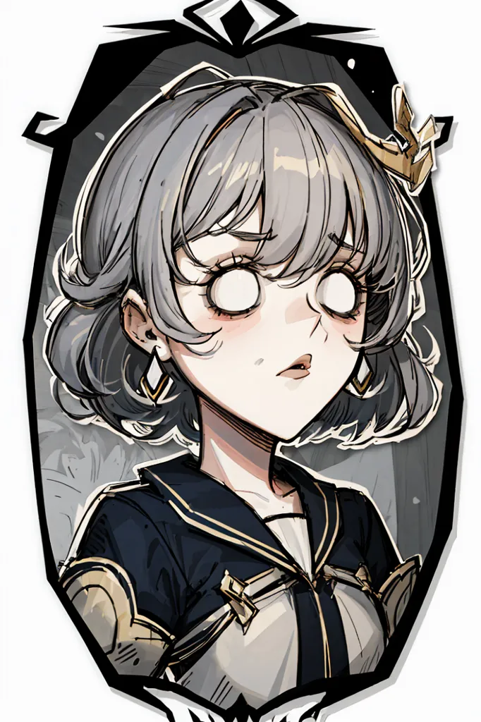 The image shows a young girl with short gray hair and wide, staring eyes. She is wearing a dark-colored school uniform with a white collar and a gold crown-shaped hair accessory. The girl's expression is one of shock or surprise. She is surrounded by a dark background with a white frame around her.