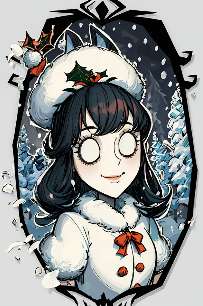 The image shows a young woman with long black hair and pale skin. She is wearing a white fur coat with a red ribbon at the collar and a matching fur hat with holly. The background is a snowy forest with bare trees. The woman's eyes are wide open and she has a small smile on her face.