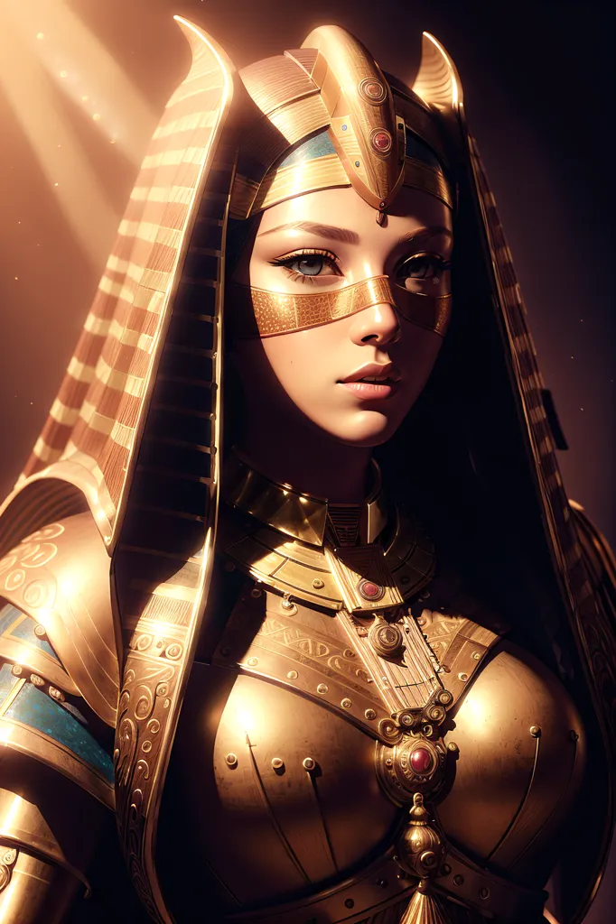 This image shows a woman, likely an Egyptian queen or goddess, with dark hair and light eyes. She is wearing an elaborate headdress and a golden breastplate with a cobra design. The background is dark with a spotlight shining down on her.