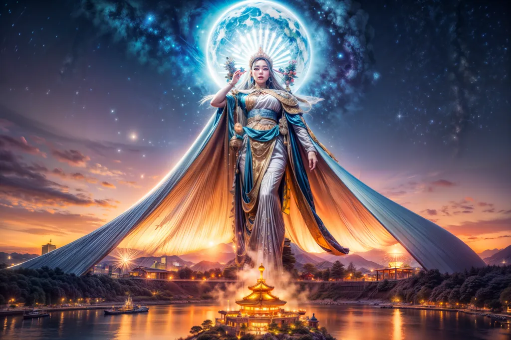 The image is a depiction of a goddess. She is standing on a lotus flower, which is surrounded by water. The goddess is wearing a white dress and has long flowing hair. She is holding a staff in her right hand. The background of the image is a night sky with a full moon. There is a city in the distance. The image is very detailed and the colors are vibrant. The goddess is a symbol of beauty, power, and fertility.