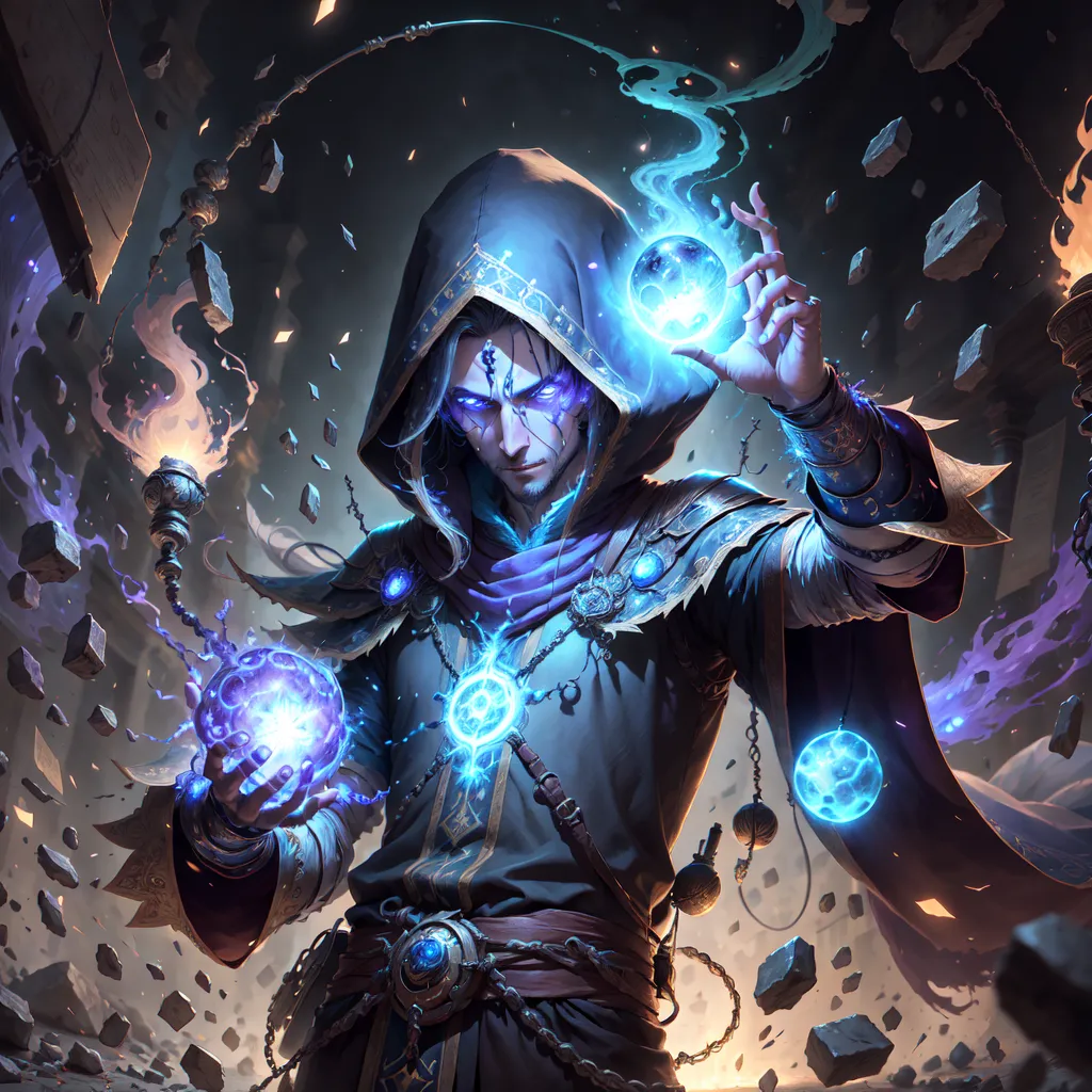 The image shows a powerful male sorcerer. He is wearing a dark blue robe with silver trim and a hood that is pulled back to reveal his long silver hair. His eyes are glowing blue, and he has a focused expression. He is surrounded by magical energy, and he is holding a staff in his right hand. He is standing in a dark place, with large stone blocks floating in the air a