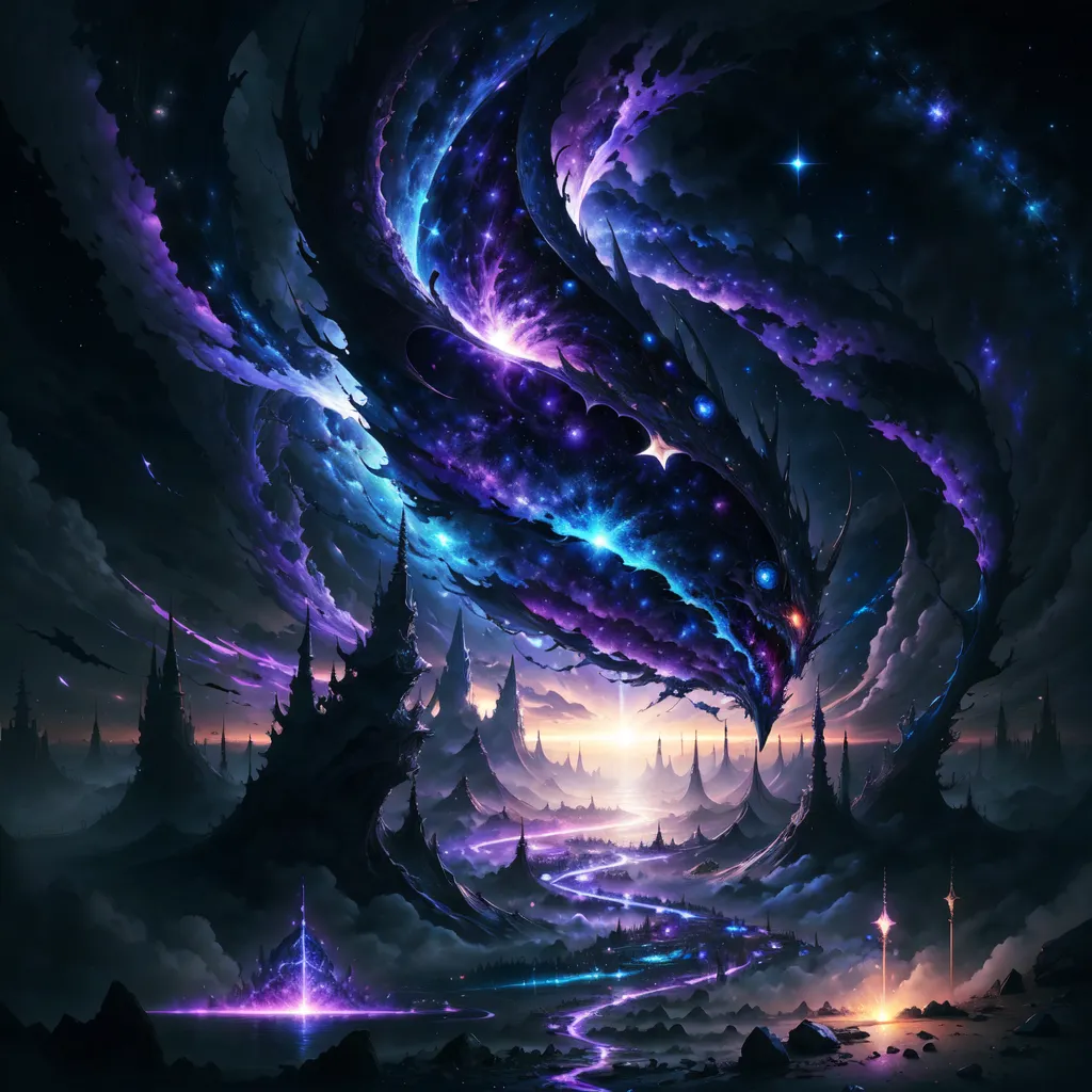 The image is a dark fantasy landscape. The sky is filled with stars and a large, purple dragon is flying in the foreground. The dragon has a long, serpentine body and large, bat-like wings. Its scales are a deep purple color and its eyes are a bright yellow. The dragon is surrounded by dark clouds and there is a bright light in the distance.