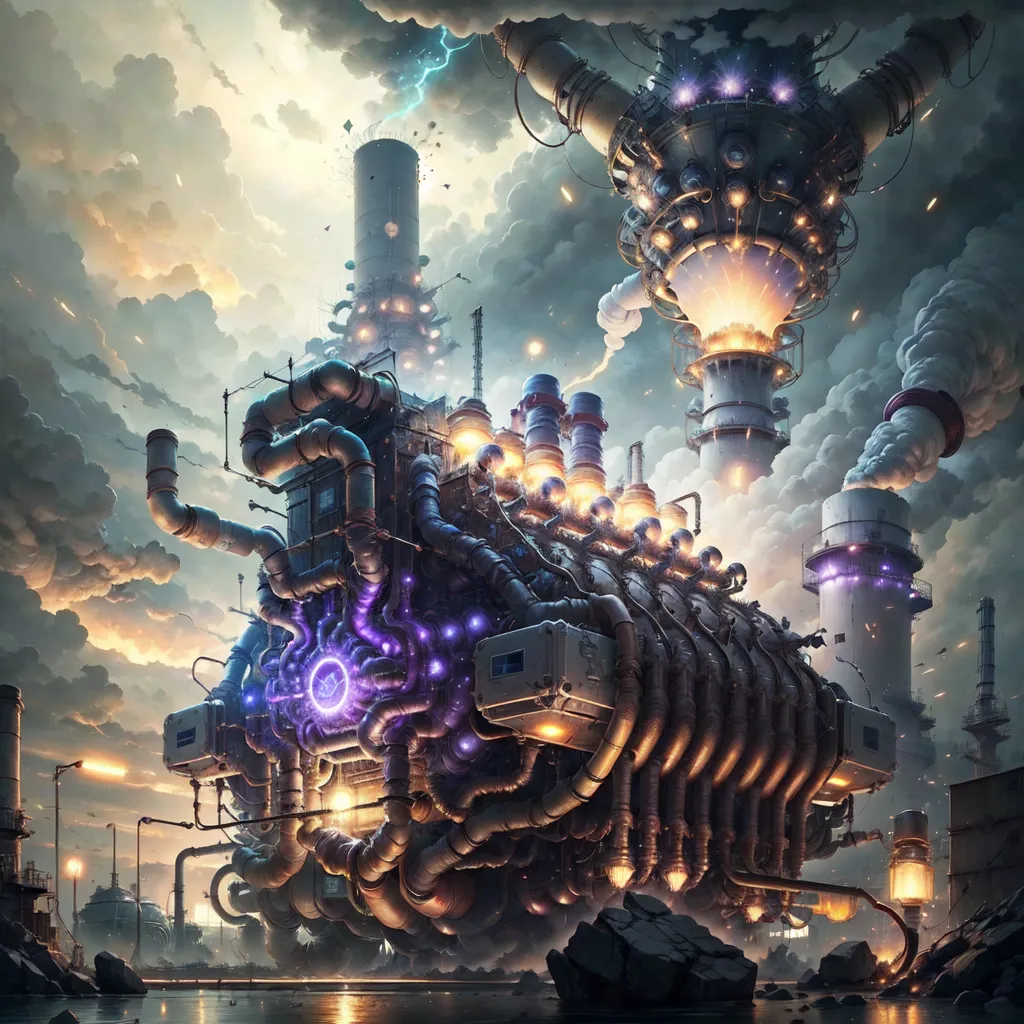 The image is a digital painting of a steampunk factory. The factory is a large, complex structure with many pipes, gears, and other machinery. It is powered by a large engine that is in the center of the factory. The engine is surrounded by a large number of pipes and other machinery. There are also a number of smaller buildings and structures around the factory. The factory is located in a dark and stormy setting. The sky is dark and cloudy, and there is a lightning bolt in the background. The factory is also surrounded by a large number of steam clouds.