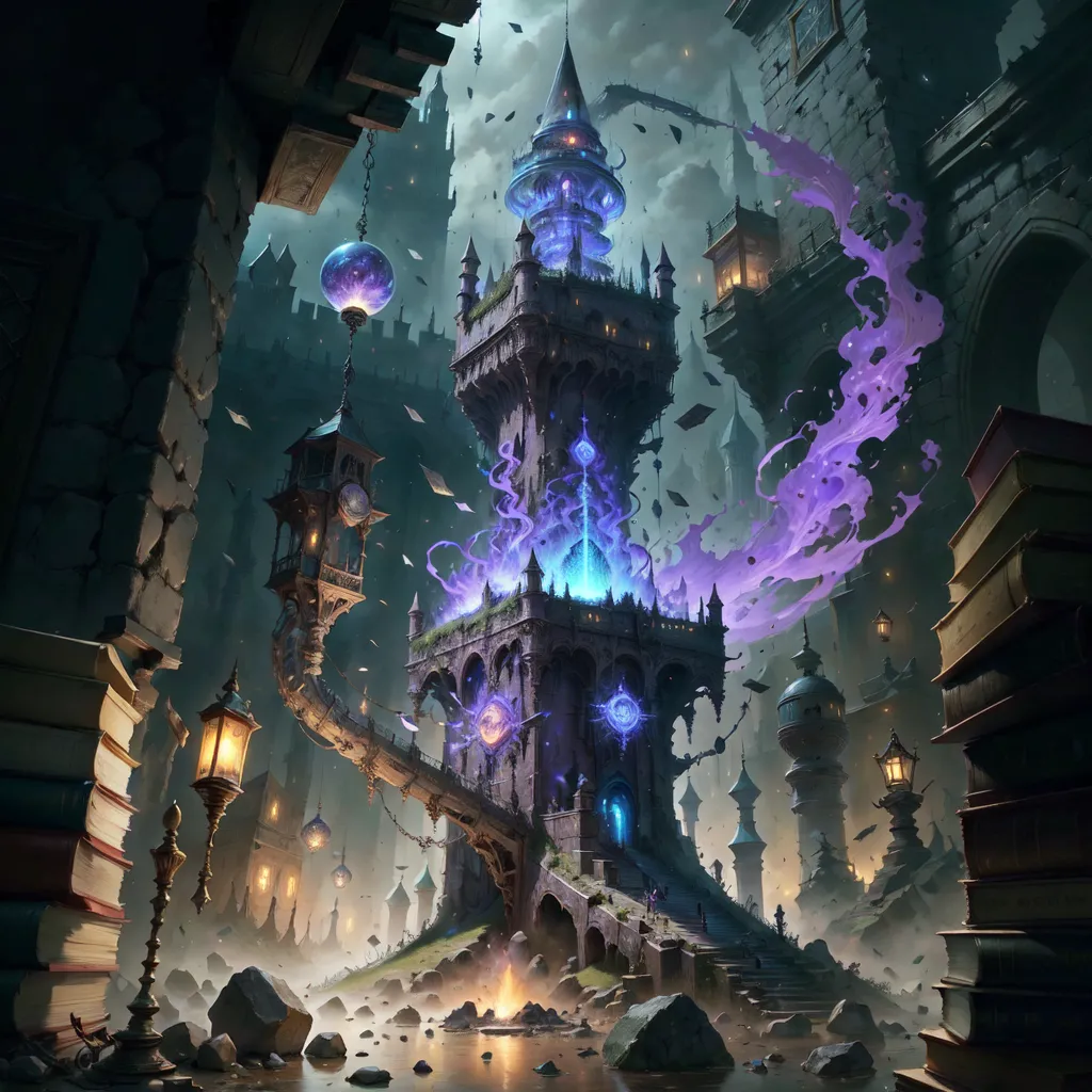 The image is a dark fantasy setting. There is a tall tower in the center of the image, with a large arcane symbol glowing on its front. The tower is surrounded by other buildings, all of which are in a state of disrepair. There are bookshelves lining the walls of the buildings, and arcane symbols are glowing on the ground. There is a large amount of rubble on the ground, suggesting that there has been a recent battle. The sky is dark and stormy.