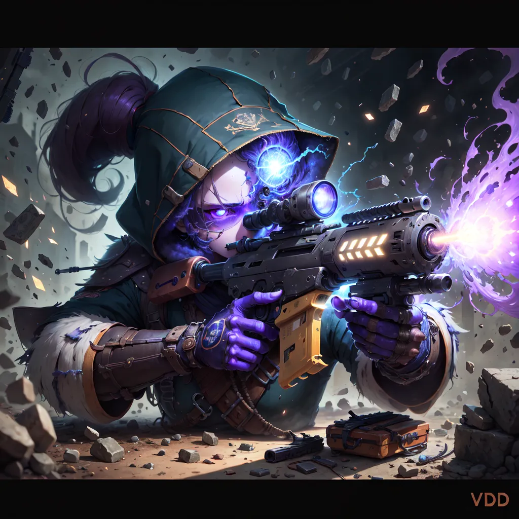 This is an image of a person wearing a green and brown outfit with a hood. They are holding a gun and there is a purple glow around them. They are in a dark place with rubble on the ground. They are shooting the gun and there is a purple glow around the bullet.