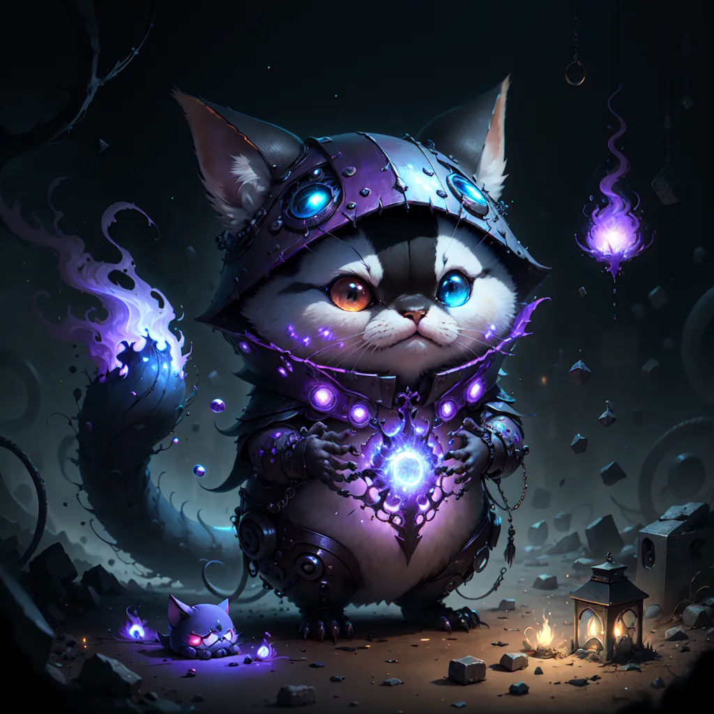 The image is a dark fantasy illustration of a cat wearing a suit of armor. The cat is sitting on a pile of rocks, and there is a lantern on the ground next to it. The cat is looking at the viewer with its big, round eyes. It has a small, black nose and a mouth that is slightly open. The cat's fur is white and gray, and its armor is black and purple.  There is a small, black cat sitting on the ground in front of the cat. The small cat is looking up at the cat with its big, round eyes. It has a small, black nose and a mouth that is slightly open. The small cat's fur is white and gray.  There are several small, purple flames floating in the air around the cat. There is a large, blue orb in the cat's paws. The orb is glowing brightly.