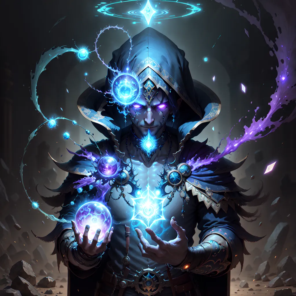 The image shows a powerful male sorcerer, with dark hair and blue eyes. He is wearing a dark blue robe with silver trim, and a hood that is pulled back to reveal his face. He is surrounded by magical energy, with blue and purple orbs floating around him, and a large arcane symbol glowing in the center of his chest. He is holding a staff in his right hand, and is pointing his left hand at the symbol. He has a determined look on his face, and it is clear that he is about to cast a powerful spell.