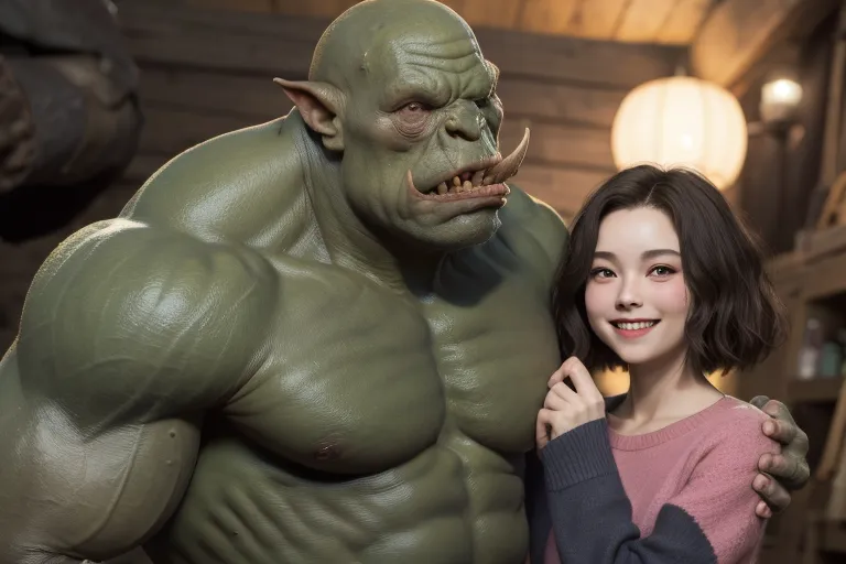 The image shows a green orc and a human woman standing close to one another and smiling at the camera. The orc has his arm around the woman's shoulder. The woman is wearing a pink sweater. The orc is wearing nothing but a loincloth. They appear to be in a house.