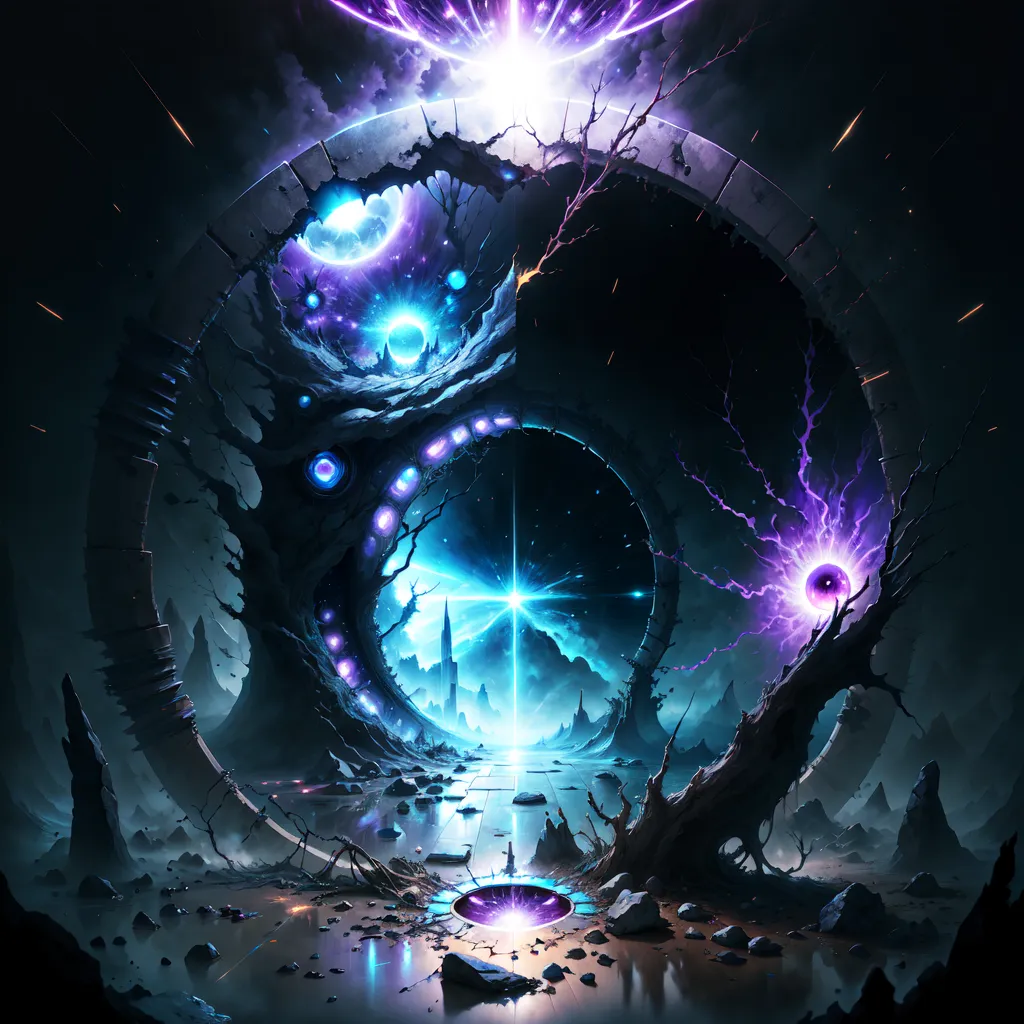 The image is a dark and mysterious landscape with a large, glowing portal in the center. The portal is surrounded by strange, alien plants and creatures. There is a bright light coming from the portal, and it is unclear what is beyond it. The image is full of mystery and wonder, and it leaves the viewer wondering what is beyond the portal.