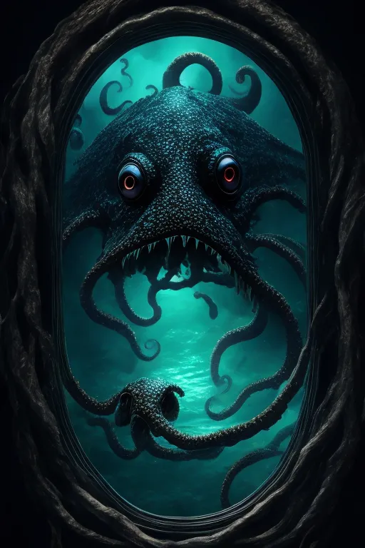 The image is dark and mysterious. A large, octopus-like creature is lurking in the shadows. Its red eyes are glowing in the darkness and its tentacles are curled around its body. The creature is surrounded by a dark, inky substance that seems to be dripping from its body. The background is a deep blue color, and there is a sense of foreboding in the air. The image is both beautiful and terrifying, and it captures the imagination of the viewer.