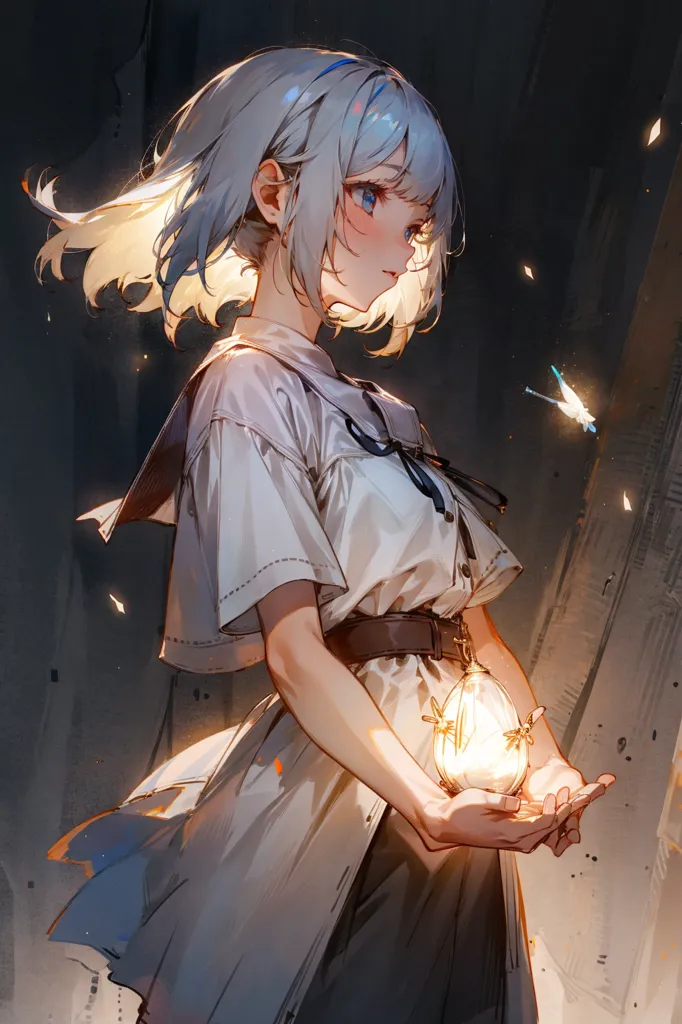 The image is a painting of a young woman with short white hair and blue eyes. She is wearing a white dress with a brown belt. She is holding a glowing lantern in her right hand. There are two butterflies near her left hand. The background is dark with a spotlight on the woman.