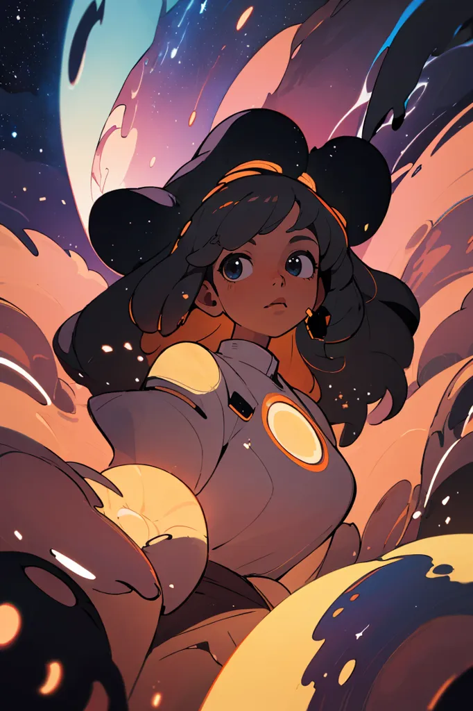 This image is of a young girl with dark hair and brown eyes. She is wearing a futuristic spacesuit with a yellow circle on the chest. She is standing in front of a colorful nebula, with stars and clouds in the background. The girl is looking at the viewer with a serious expression. She has a determined look on her face. The image is full of vibrant colors and has a sense of wonder and excitement.