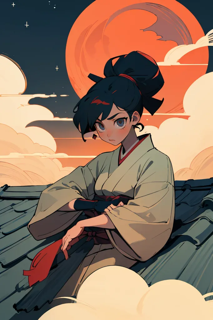 A young woman in a kimono is sitting on a rooftop. She has her hair in a bun and is looking to the left with a serious expression. She is wearing a white kimono with a red obi and has a sword in her hand. The background is a red moon and clouds.