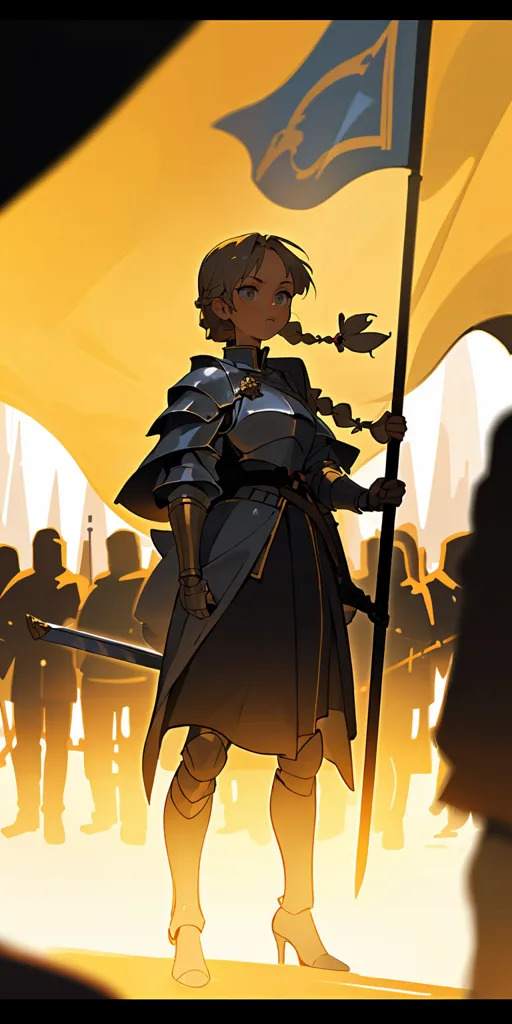 This is an image of a young woman holding a flag. She is wearing medieval-style armor and a blue cape. She has blonde hair and blue eyes. She is standing in front of a group of soldiers who are also wearing medieval-style armor. They are all standing in front of a yellow background.