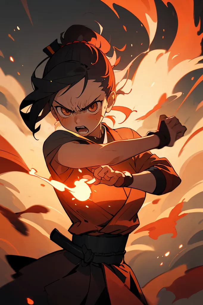 The image is of a young woman in a red and black outfit. She has brown hair tied back in a ponytail and orange eyes. She is in a fighting stance, with her fists raised and her feet shoulder-width apart. She is surrounded by fire, and there is a determined expression on her face.