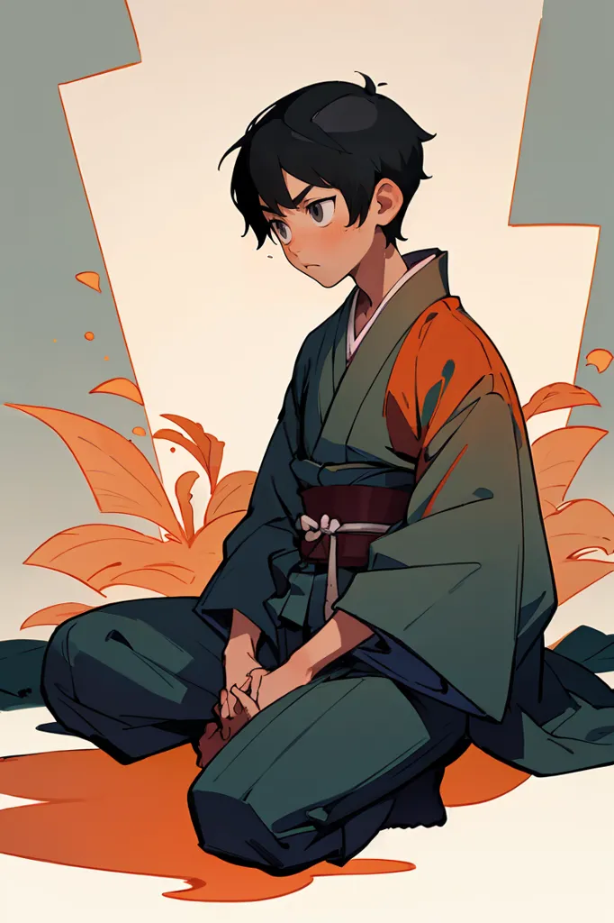 The image is of a young man in a green kimono with orange accents. He is kneeling on the ground with one hand on his knee and the other on his thigh. His head is slightly bowed and he has a thoughtful expression on his face. He has short black hair and orange eyes. There are orange and green leaves in the background.