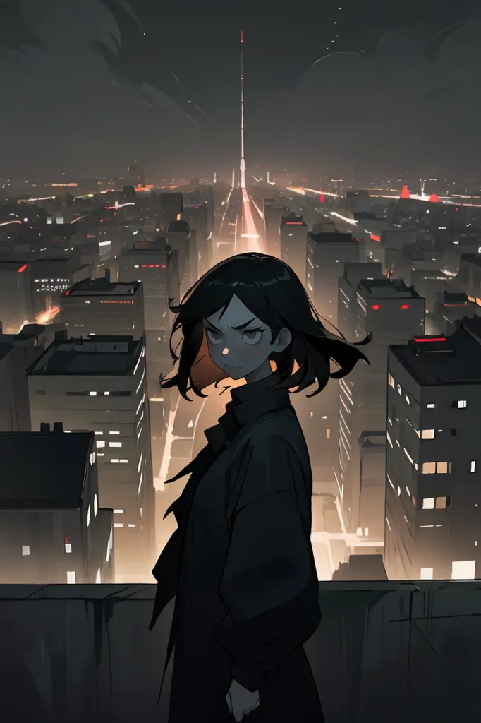 The image is of a young woman standing on a rooftop, looking out over a city at night. She is wearing a black coat and has short black hair. The city is in the background and is made up of tall buildings and city lights. The sky is dark and there are some stars in the sky.