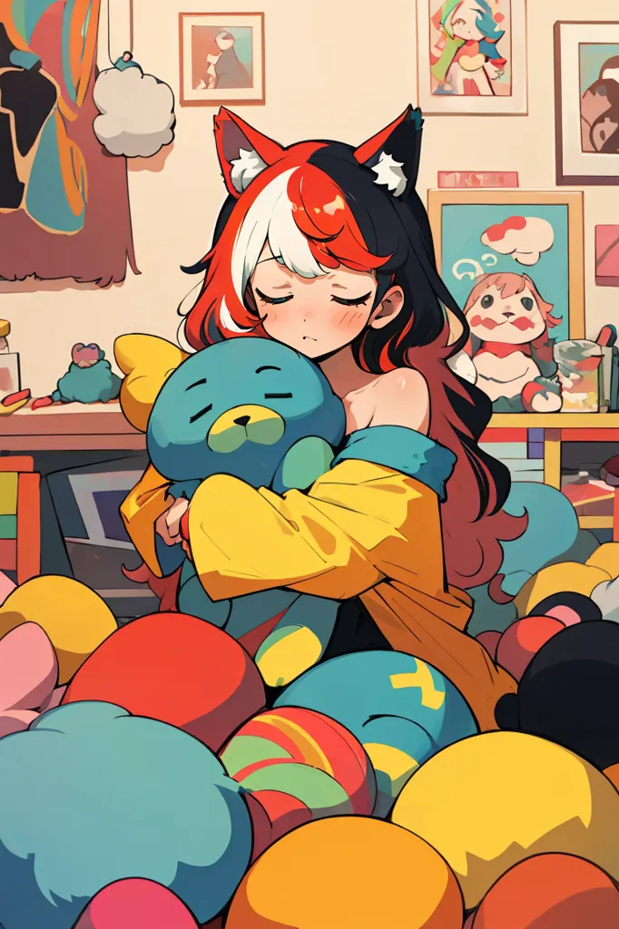 This is an image of a young woman with cat ears and black, red, and white hair. She is wearing a yellow jacket and hugging a large blue and white stuffed animal. She is sitting in a room with many colorful stuffed animals and pictures on the walls. The overall appearance of the image is soft and cute.