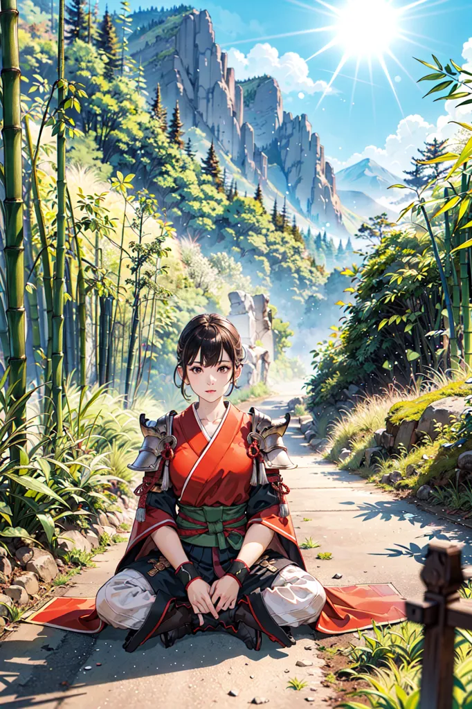 This image is of a young woman in a red and white kimono with green and brown shoulder pads. She is sitting on a stone path in a bamboo forest. There is a large rock formation in the background and a small stone structure to her right. The sun is shining brightly through the trees.