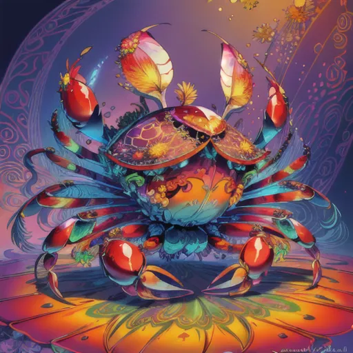 The image is a watercolor painting of a crab. The crab is sitting on a rock, and there are flowers and plants growing around it. The crab is blue and has yellow eyes. The flowers are pink, yellow, and purple. The leaves are green. The background is a light blue color. The painting is very detailed, and the artist has used a lot of different colors to create a beautiful and realistic image.