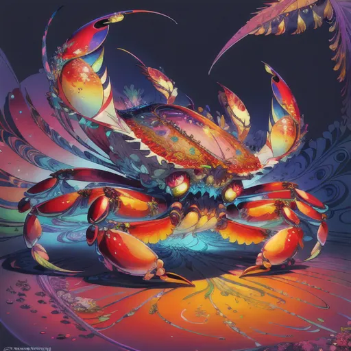 The image is a painting of a crab. The crab is in the center of the image and is surrounded by a variety of colorful patterns and shapes. The crab is red, orange, and yellow, with a light blue belly. It has large, black eyes and sharp, white claws. The crab is standing on a rock and is surrounded by a variety of sea creatures, including fish, shrimp, and jellyfish. The painting is very colorful and has a lot of detail.