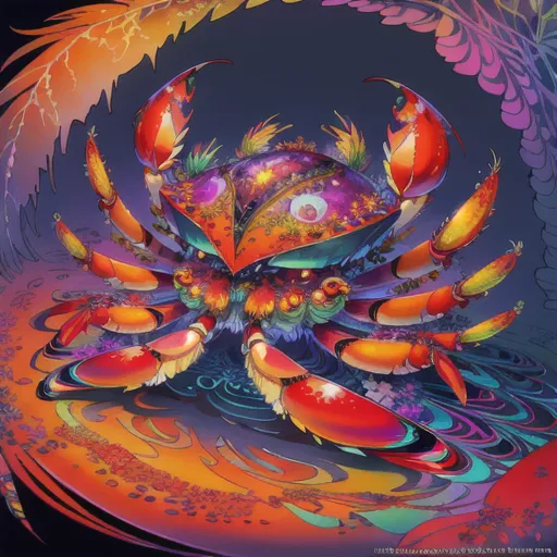 L'image est une peinture à l'aquarelle d'un crabe. Le crabe est au centre de l'image et est entouré d'une variété de plantes et de fleurs aux couleurs vives. Le crabe a un corps rouge et des pattes vertes. La carapace du crabe est décorée de diverses motifs et dessins. Les plantes et les fleurs sont de toutes les couleurs, notamment rose, violet, bleu et jaune. La peinture a une ambiance très vibrante et colorée.