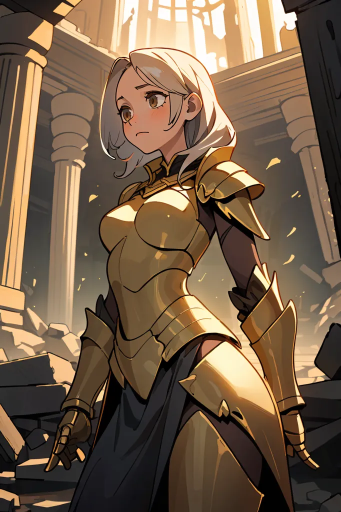 The image shows a young woman in golden armor standing in a ruined building. She has long white hair and brown eyes. She is wearing a black dress under her armor. The armor has intricate designs on it. She is holding a sword in her right hand. There are broken columns and debris all around her.