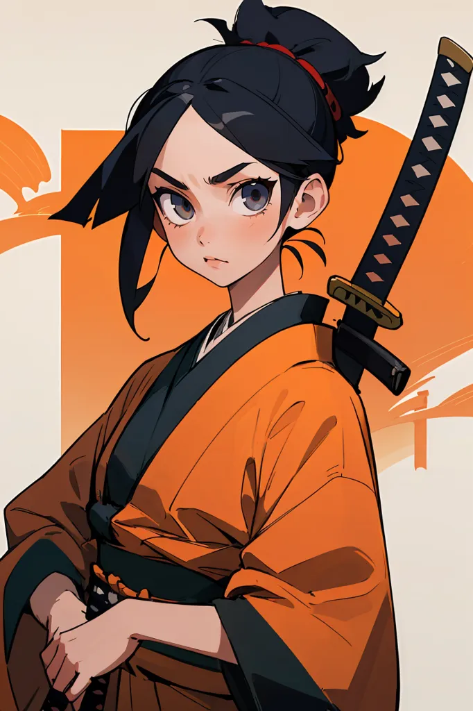 This is an illustration of a young woman in a kimono. She has brown hair tied in a bun and orange eyes. She is carrying a katana.