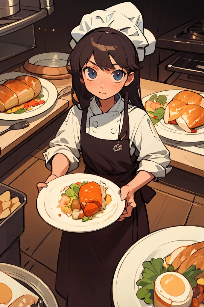 This is an image of a young girl in a chef's uniform. She is wearing a white chef's hat, a white apron, and a black jacket. She has long brown hair and blue eyes. She is standing in a kitchen, surrounded by food. There are plates of food on the counter behind her, and she is holding a plate of food in her hands. She looks happy and confident.