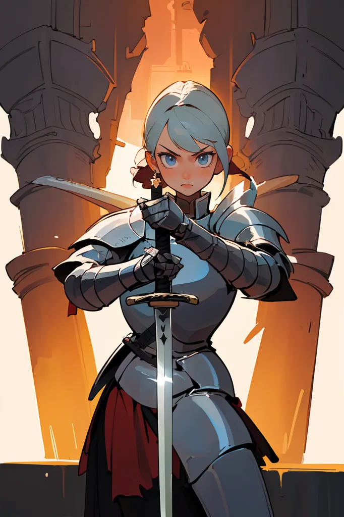 This is an image of a female knight in full plate armor. She is standing in front of a stone archway, and is holding a sword in both hands. The sword is pointed downward, and she is looking at the viewer with a determined expression. She has short white hair and blue eyes. The armor is silver with red accents. The background is a gradient of orange and yellow, with a white circle in the center.