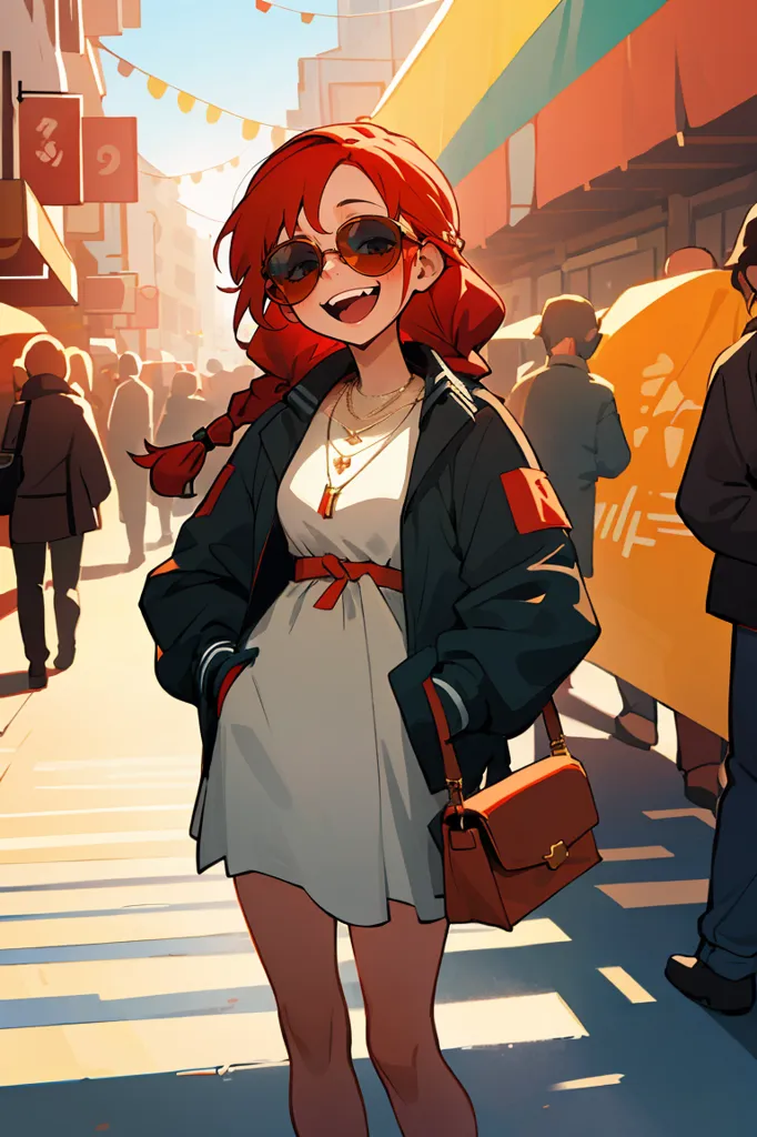 The image shows a young woman with bright red hair, wearing a white dress and a black jacket with red accents. She is smiling and has her hands in her jacket pockets. She is wearing brown leather shoes and carrying a brown leather handbag with a red strap. The background is a busy street with people walking around. There are also some shops and restaurants in the background.