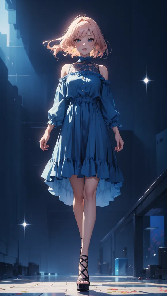 The picture shows a beautiful anime girl with pink hair and blue eyes. She is wearing a cute blue dress with a white collar. She is also wearing black high heels. She is standing in a dark alleyway, but she is not scared. She looks confident and determined.