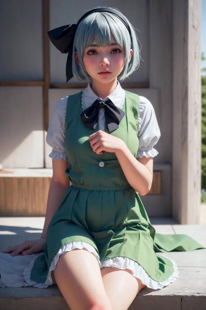 The image shows a young woman with blue hair and green eyes. She is wearing a white blouse, a green pinafore dress, and a black bow in her hair. She is sitting on a wooden porch, with a wooden door behind her. The door is open, and there is a tree in the background. The woman is looking at the camera with a shy smile on her face.