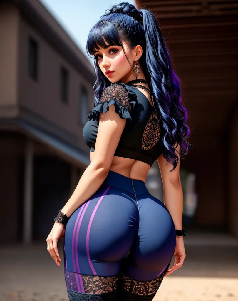 The image shows a woman wearing a black lace crop top and blue and purple striped leggings. She has long blue hair and purple eyes. She is standing with her back to the camera, looking over her shoulder. She has a confident expression on her face.