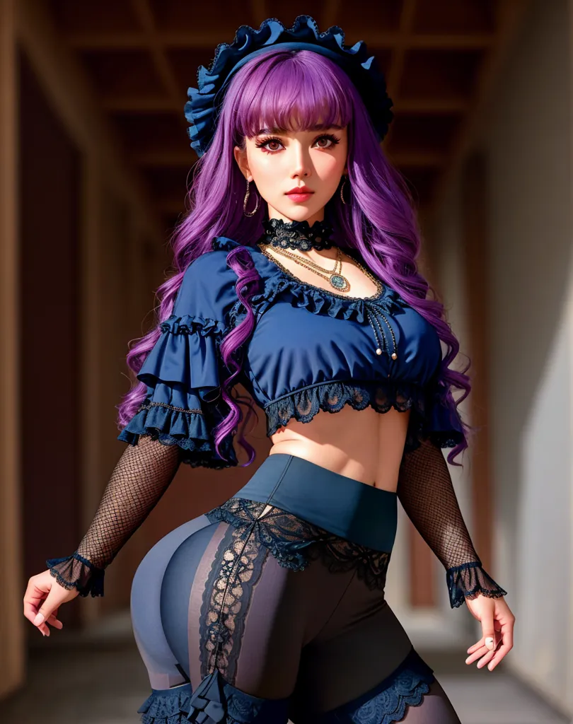 The image shows a young woman with purple hair and blue eyes. She is wearing a blue crop top with a lace overlay and a pair of high-waisted black pants with a lace overlay. She is also wearing a necklace and a bracelet. Her hair is styled in a way that is reminiscent of the Victorian era.