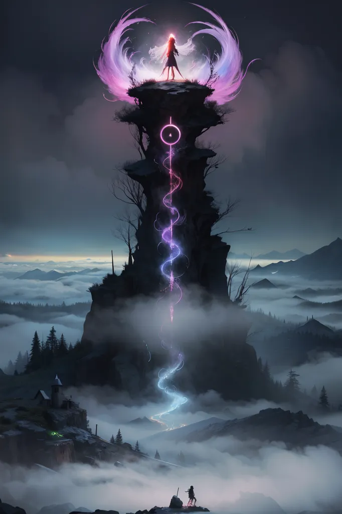 The image is a dark fantasy landscape. There is a large, rocky tower in the center of the image, with a glowing, pink-haired woman standing on top of it. The woman is wearing a white dress and has her arms outstretched. There is a beam of light coming down from the sky and connecting to the woman. There are mountains in the background and a forest on the left side of the image. There is a person standing on a rock in the foreground, looking up at the woman.