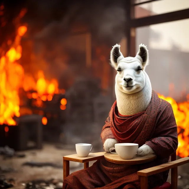 A llama wearing a red robe is sitting in a chair and drinking tea. The llama is sitting in front of a burning building. The llama is calm and serene, and it appears to be enjoying its tea. The image is both humorous and thought-provoking. It is a reminder that even in the midst of chaos, there is always time for a cup of tea.