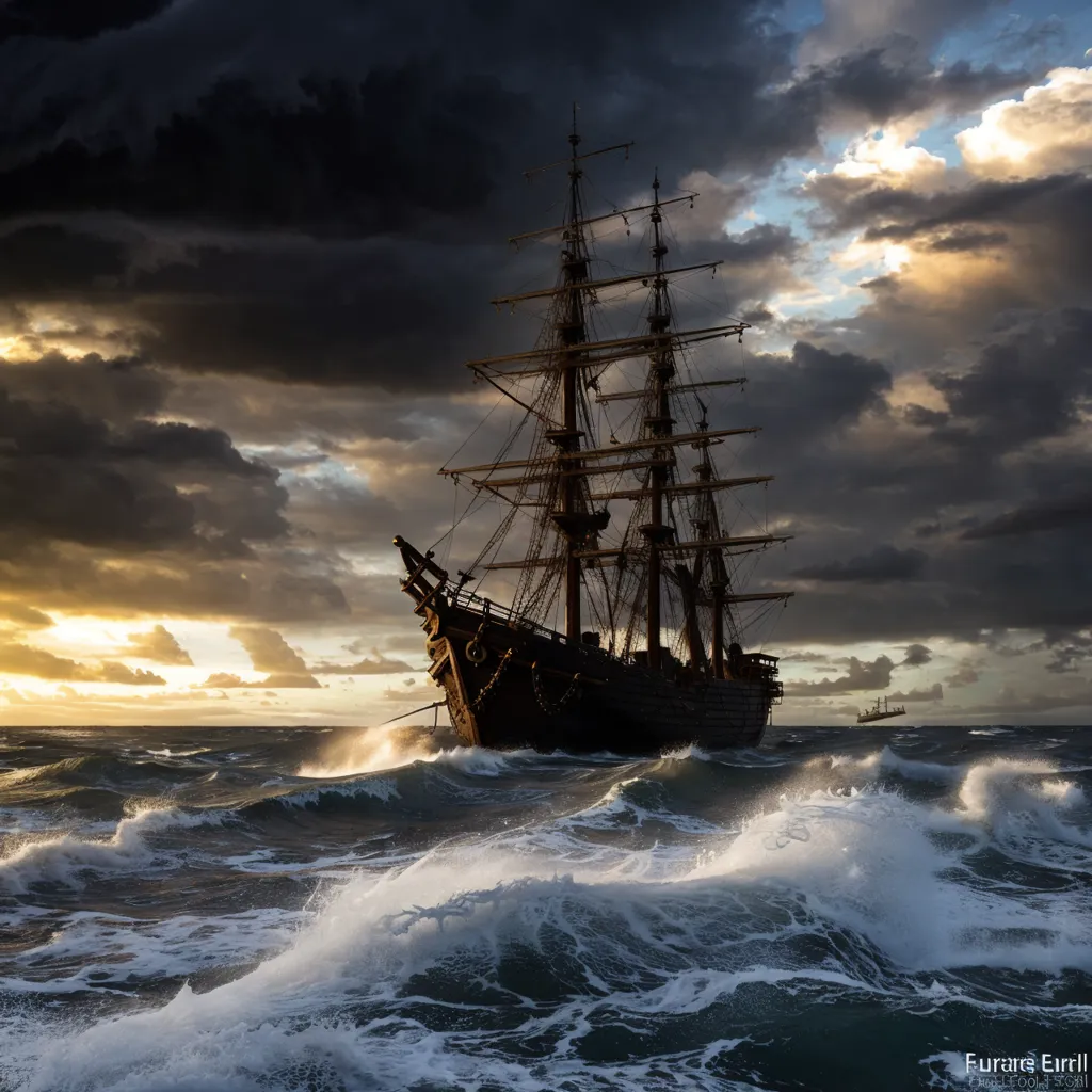 The image is a dark and stormy sea. A large, black ship is being tossed by the waves. The ship is in danger of being capsized. The sky is dark and there are no stars or moon to be seen. The only light comes from the flashes of lightning. The image is full of suspense and danger. One gets the impression that the ship is about to sink.