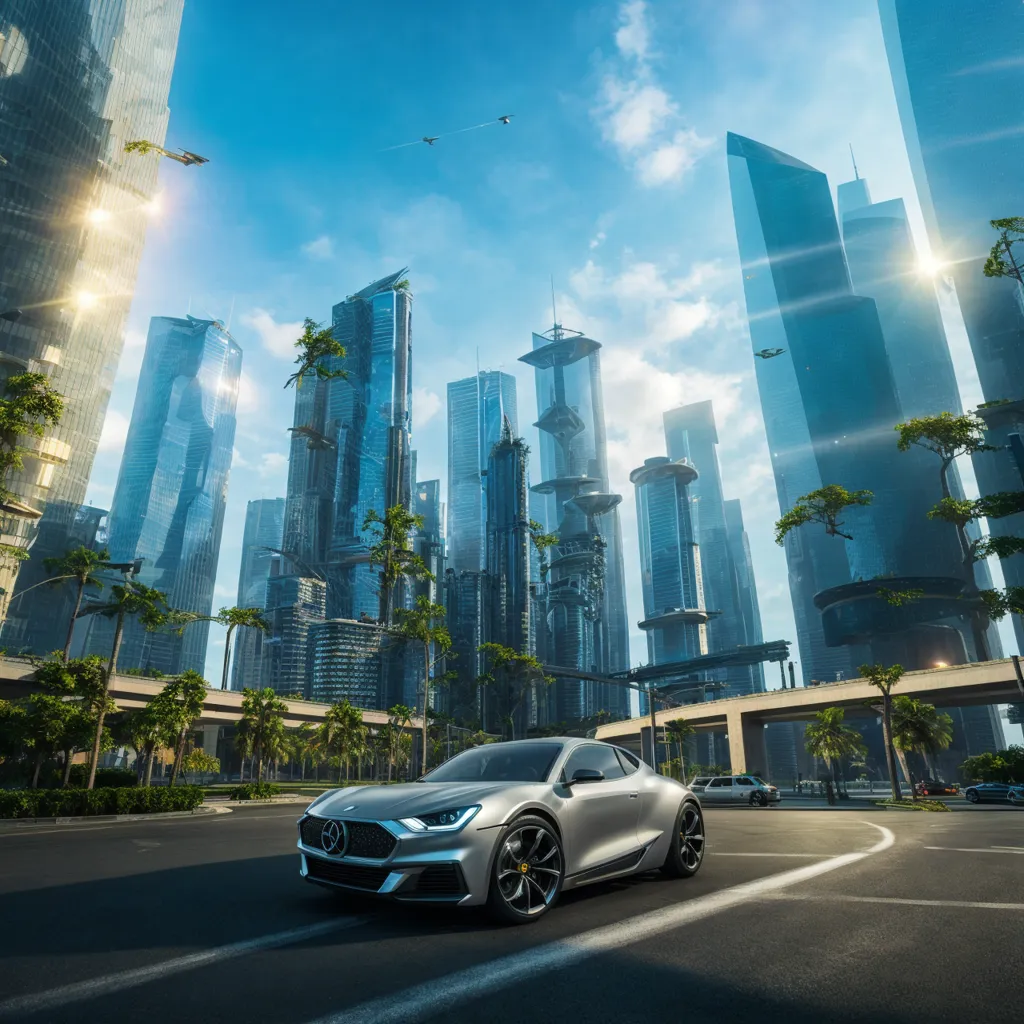 The image shows a futuristic city with a silver sports car with gull-wing doors in the foreground. The car is driving on a wide road with a view of the city's skyscrapers in the background. The city is very dense and the buildings are all very tall. There are a few trees and plants in the city, but it is mostly made up of concrete and glass. The sky is blue and there are a few clouds in the sky. There are also some birds and small aircraft flying in the sky. The image is very detailed and realistic.