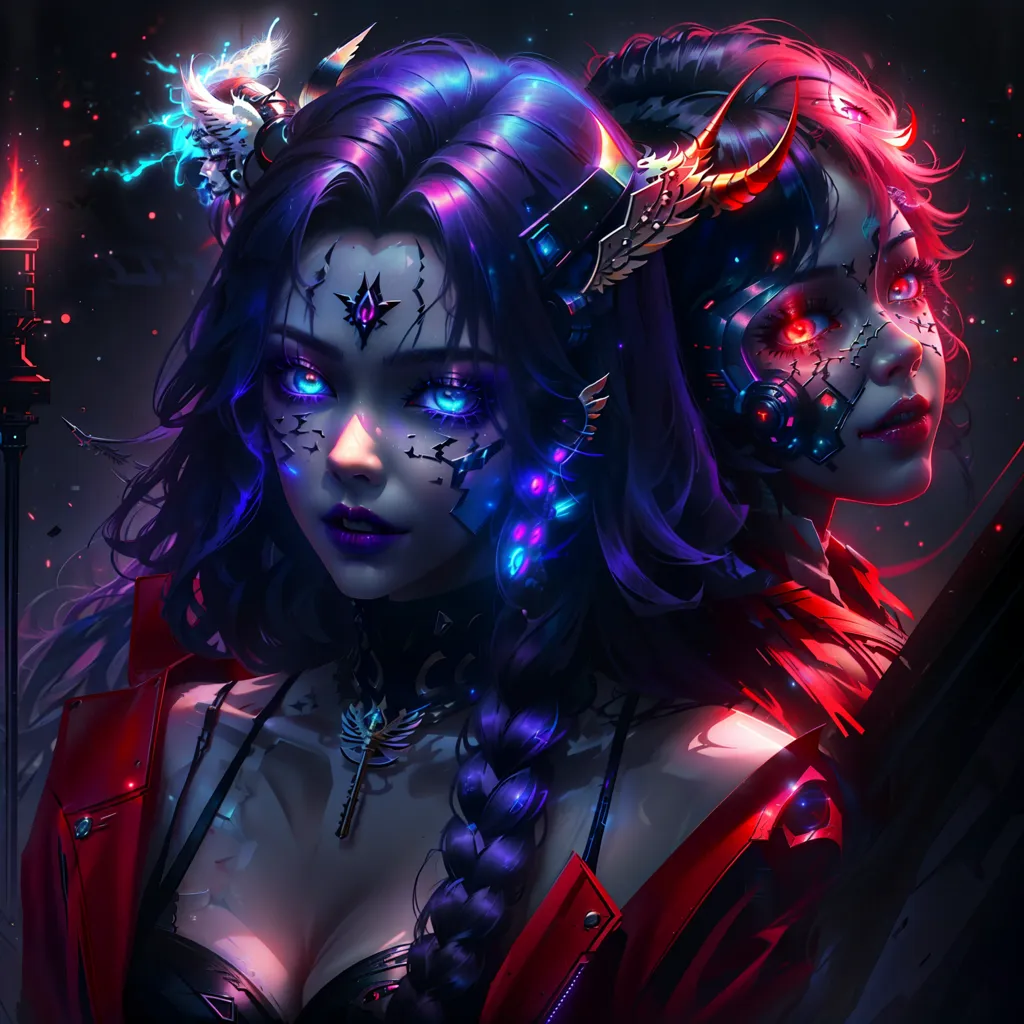 This image is of two women, one with purple hair and blue eyes and the other with red hair and red eyes. They are both wearing black leather jackets and have cybernetic implants. The woman on the left is holding a staff with a blue flame on the end. The woman on the right has a red glowing eye and a cybernetic arm. They are both standing in front of a dark background with a blue and red light shining on them.