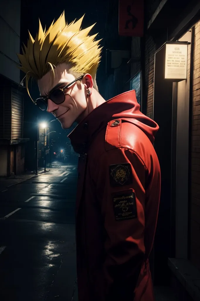 This is an image of a man with blond hair and sunglasses. He is wearing a red leather jacket with a fur collar and patches on the sleeve. He is standing in a dark alleyway with a street lamp in the background. The man has a confident expression on his face and is looking at the viewer.