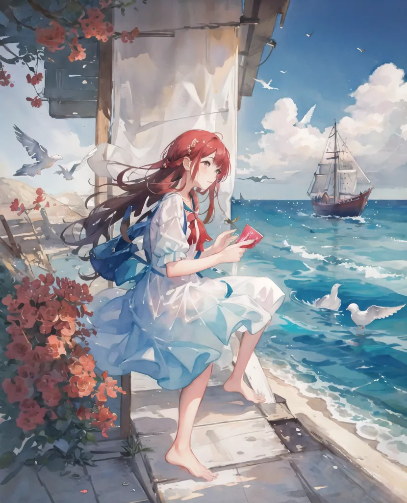 This image shows a girl sitting on a dock, reading a book. The dock is surrounded by a fence, and there are flowers growing on the fence. There is a large body of water behind the dock, with a ship in the distance. The sky is blue and cloudy, and there are some birds flying in the sky. The girl is wearing a white dress with a blue sash. She has long red hair and brown eyes. She is sitting with her legs hanging off the dock, and she is barefoot. The image is peaceful and relaxing.