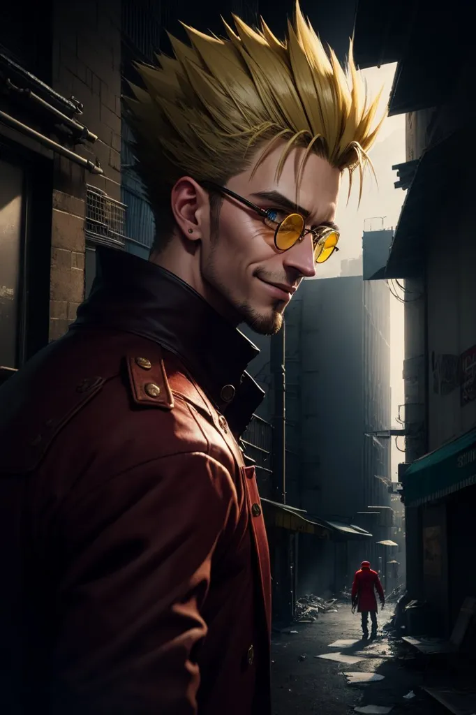 This is an image of a man with blond hair and blue eyes. He is wearing a red leather jacket and yellow glasses. He has a confident smile on his face. He is standing in a dark alleyway with a city street in the background.