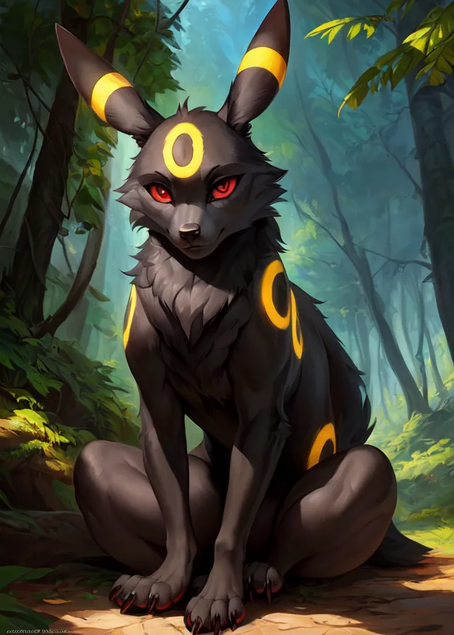 The image is of a black and yellow fox-like creature with red eyes. It is sitting in a forest and looking at the viewer. The creature has a ring of yellow fur around its neck and yellow fur on its ears and tail. Its paws are black with red claws. The background of the image is a forest with green trees and brown rocks.