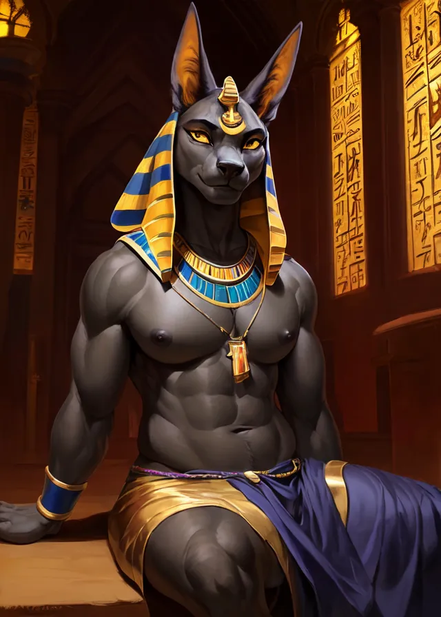 The image is of a muscular, black-furred cat-like creature with the head of a cat and the body of a man. It is wearing a golden collar and a blue and gold loincloth. It is sitting on a stone bench, with one hand resting on its hip and the other holding a staff. Behind the creature, there are hieroglyphs on the walls.