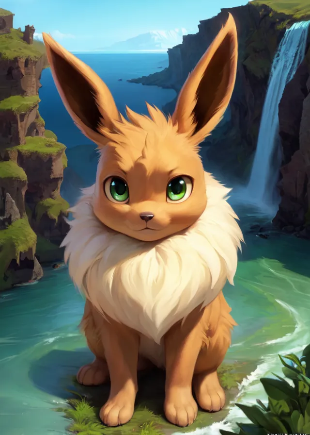 The image shows a Pokemon character. It is a small, furry creature with large ears and green eyes. It is sitting on a rock in front of a waterfall. The waterfall is in a valley between two large cliffs. There is a forest on the cliff to the left and a meadow on the cliff to the right. In the distance, there is a large body of water, with a small island in the middle. The sky is blue and there are some clouds in the sky.